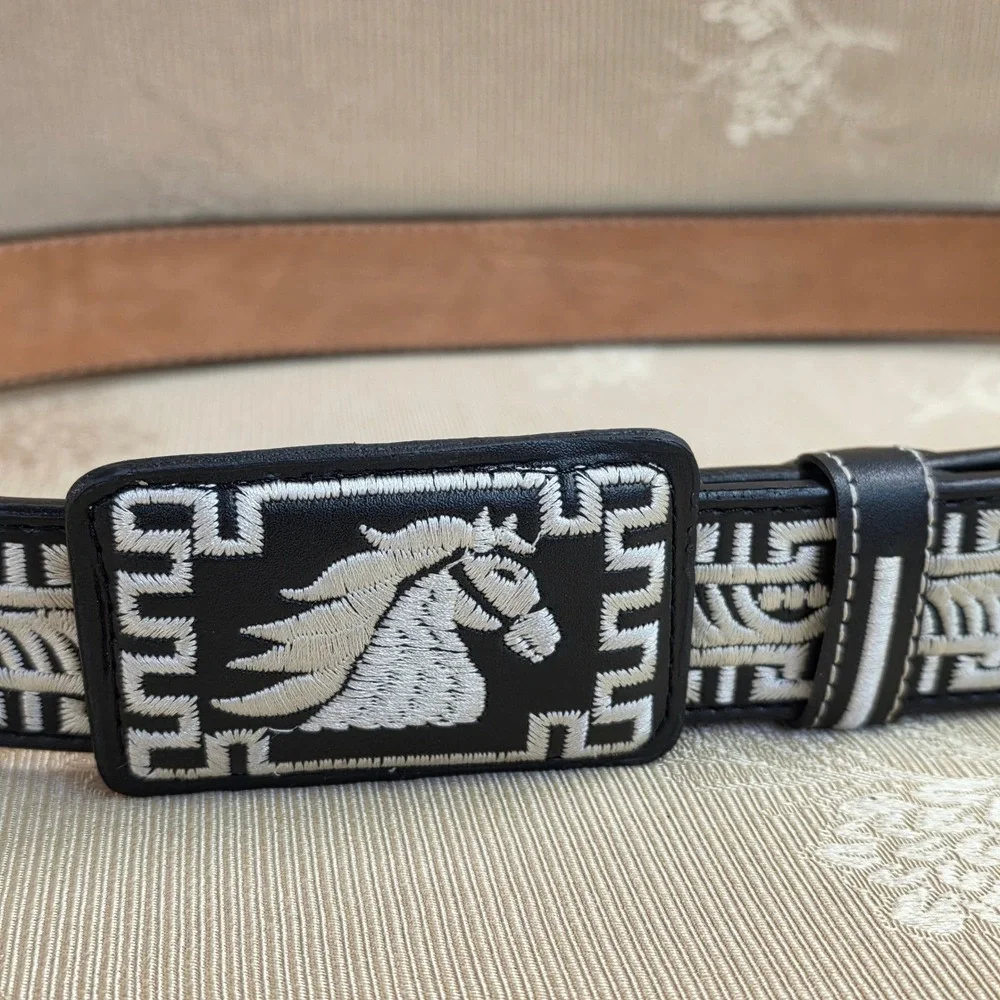 Mens Piteado Embroidered Leather Belt Black White Horse Charro Western Size 42